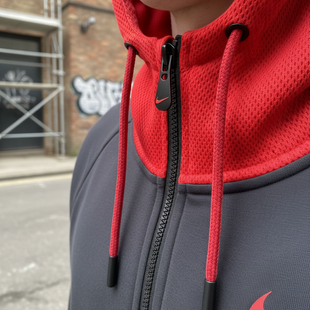 Dettaglio zip e cordoncini cappuccio Nike x PSG