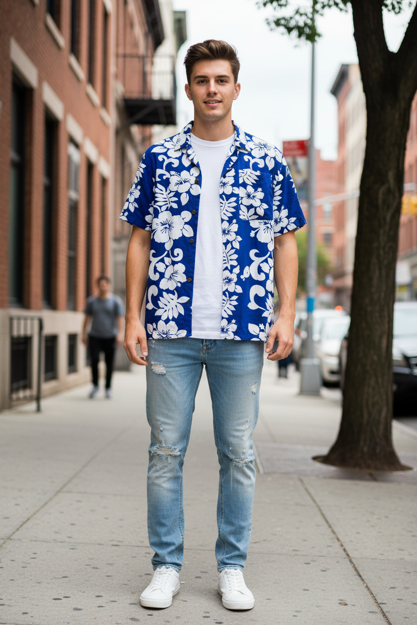Camicia hawaiana Bali ibischi – modello fronte look urbano casual