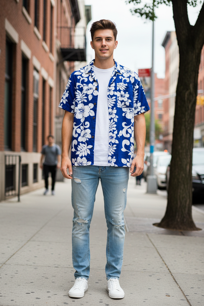 Camicia hawaiana Bali ibischi – modello fronte look urbano casual