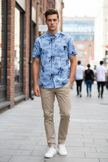 Camicia Hurley palme azzurra – modello fronte look urbano casual