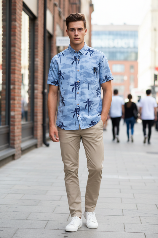 Camicia Hurley palme azzurra – modello fronte look urbano casual