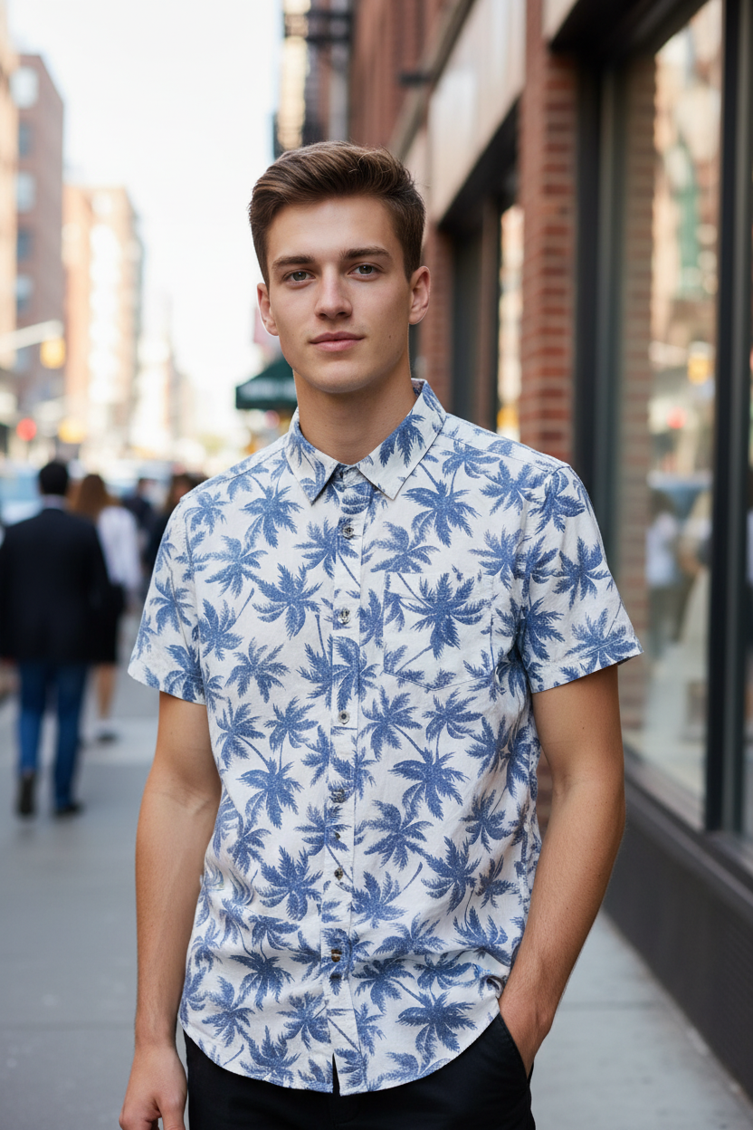 Camicia Brilliant Basics palme – modello fronte look urbano casual