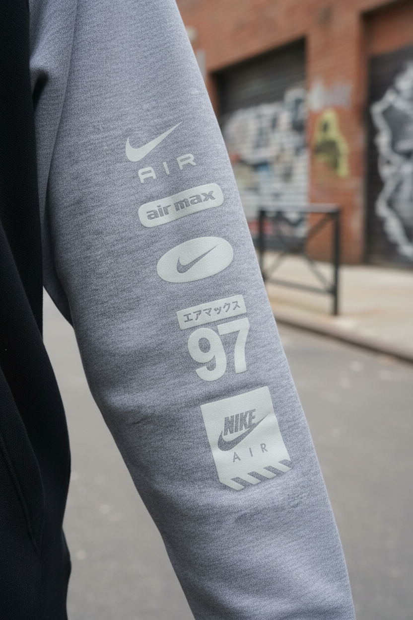 Dettaglio manica Nike Air Max 97 con grafica giapponese エアマックス
