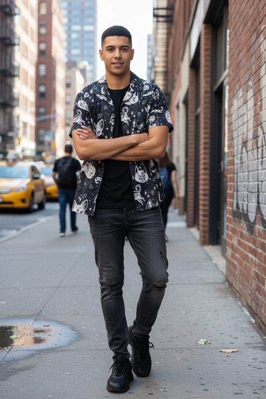 Camicia gatti mistici – modello fronte look urbano casual